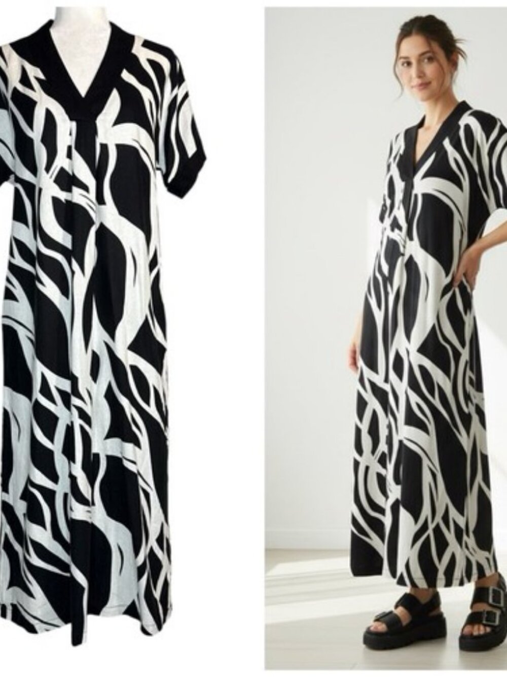 Rachel Zoe Black White Abstract Linen Blend Kaftan Maxi Dress Size Small